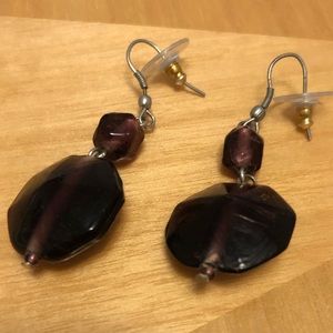 Plum coloured drop pierced earrings, lightweight. See jewellery special!